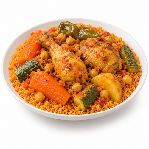 Couscous au poulet — plat servi sur fond blanc