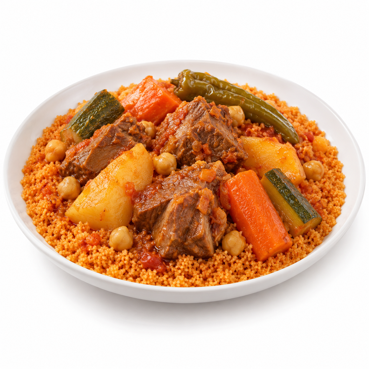 Couscous à la viande — plat servi sur fond blanc