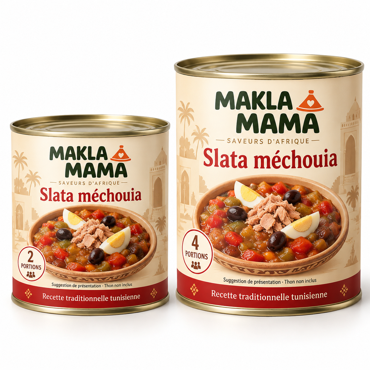 Boîtes 2 et 4 portions de slata méchouia Makla Mama, illustration de présentation avec thon non inclus