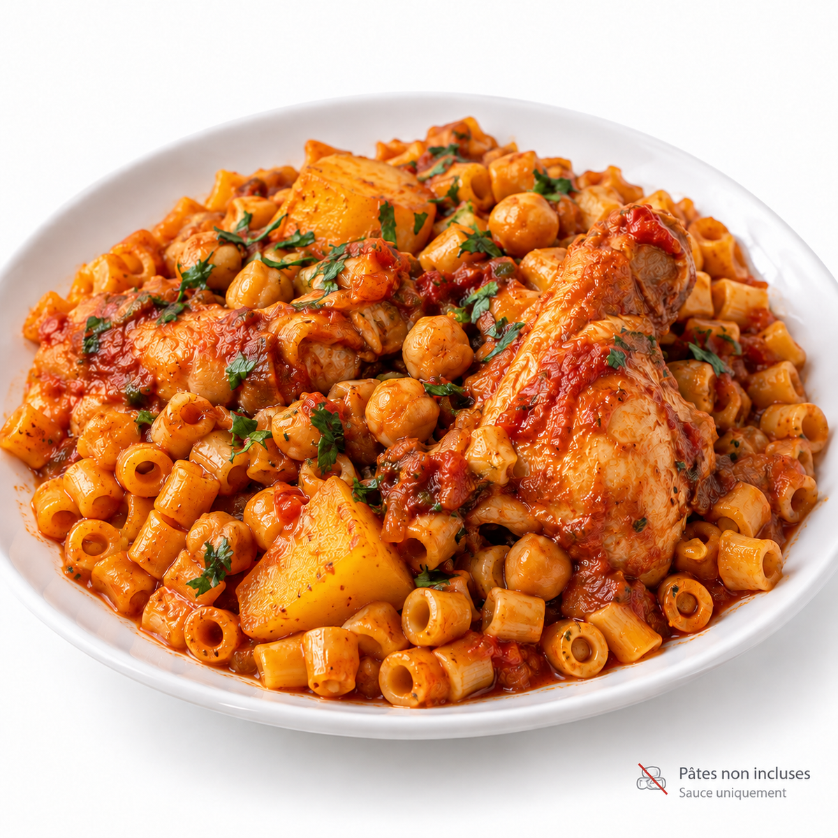 Suggestion de présentation des pâtes tunisiennes au poulet : pâtes non incluses, sauce uniquement