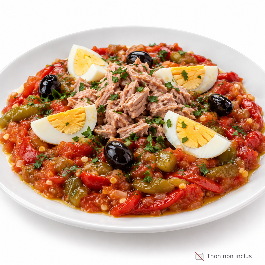 Slata méchouia tunisienne servie — thon non inclus (suggestion de présentation)