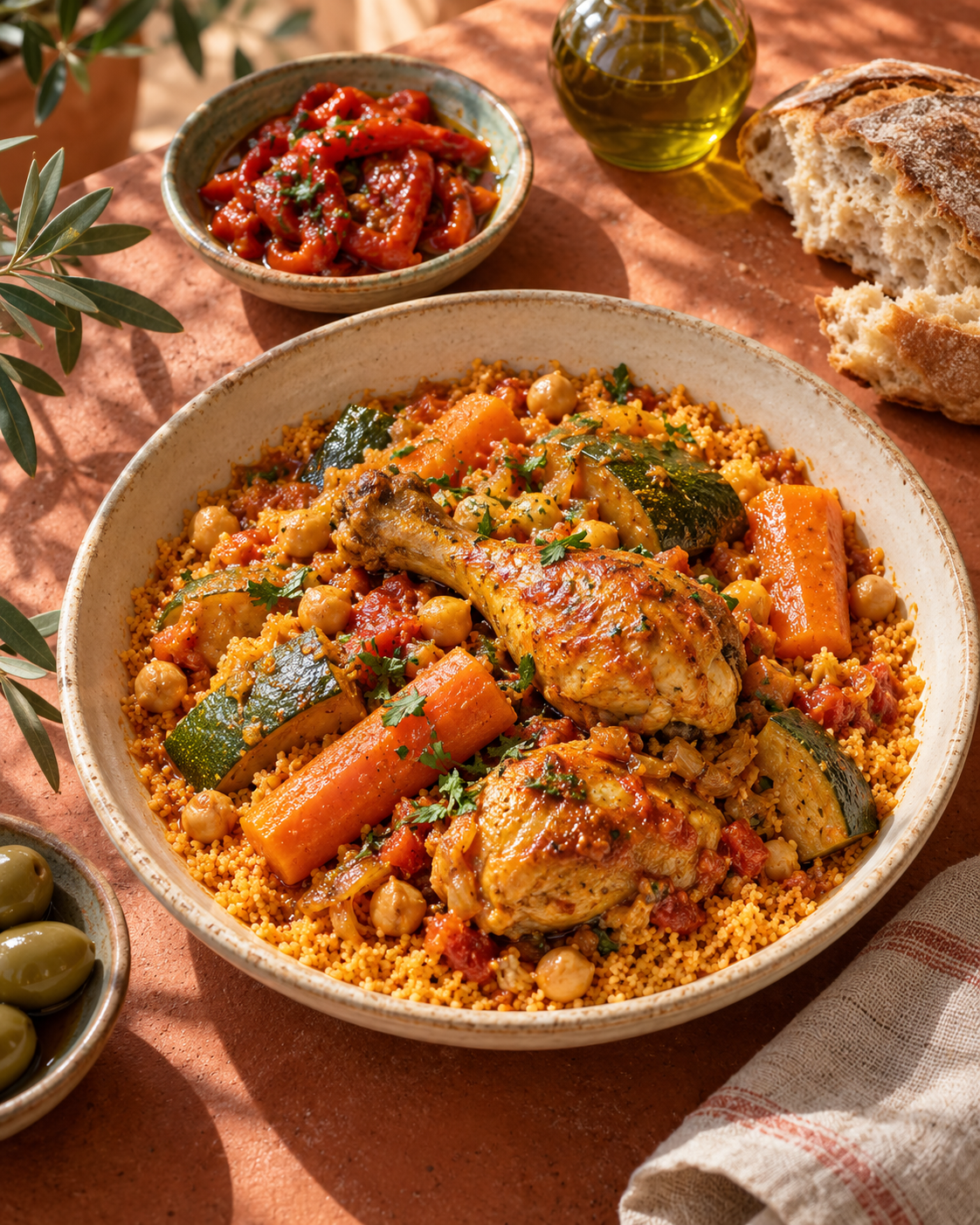 Table tunisienne avec couscous au poulet et salade méchouia — suggestion de présentation