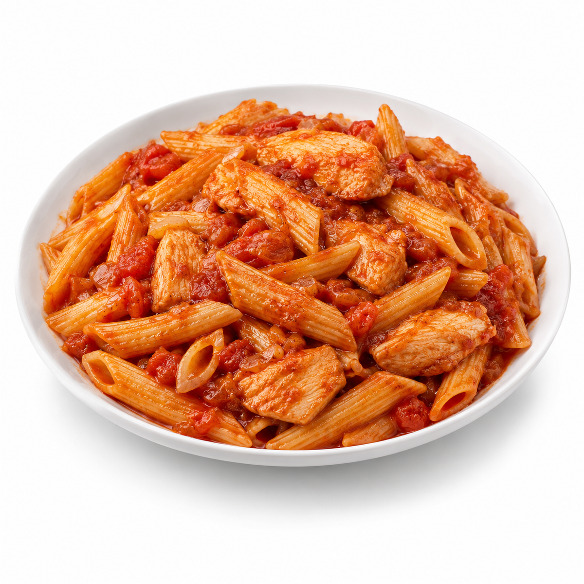 Pâtes tunisiennes au poulet — plat servi sur fond blanc